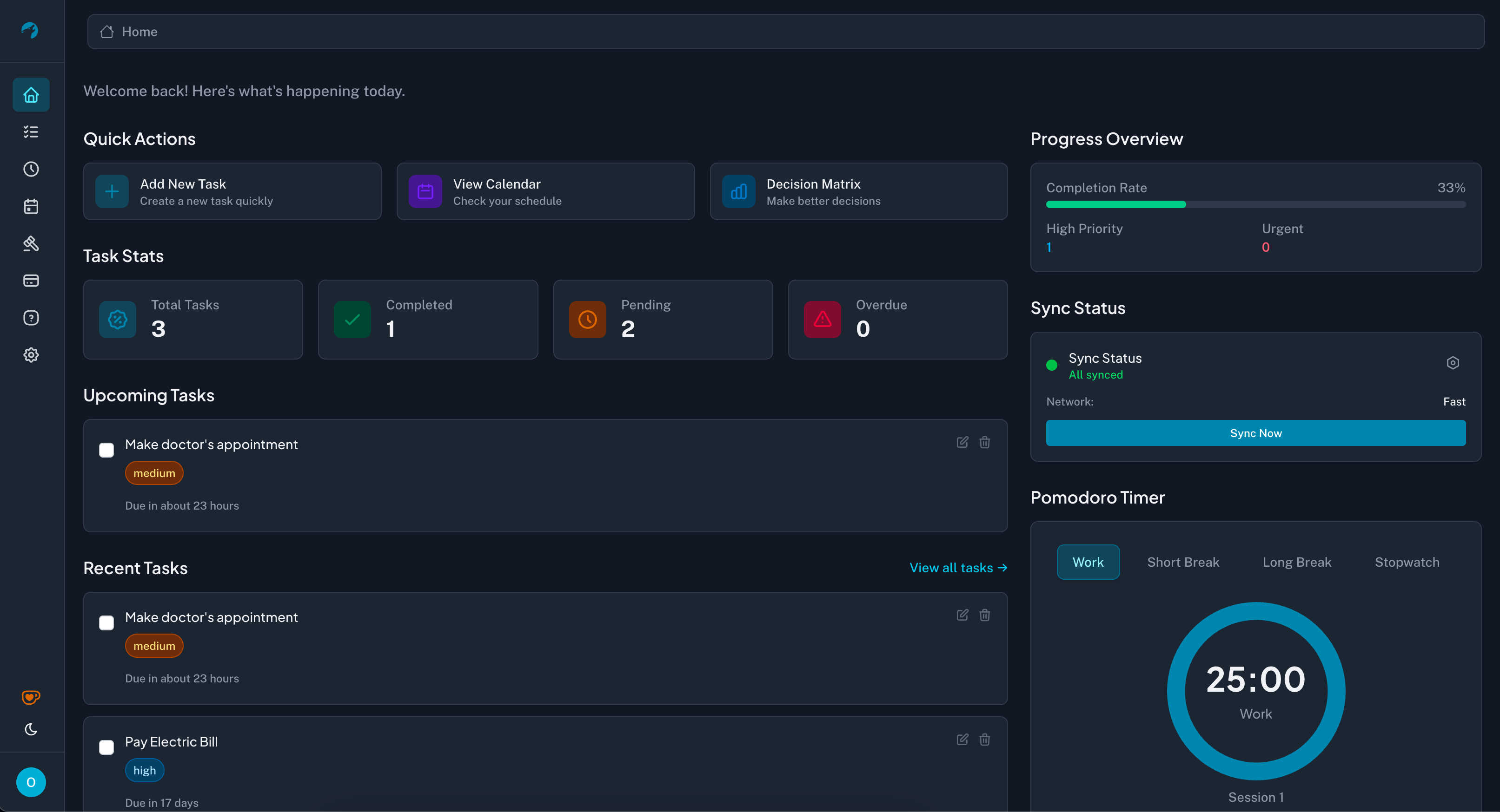 Volkara productivity dashboard preview showing task management, timer, and analytics