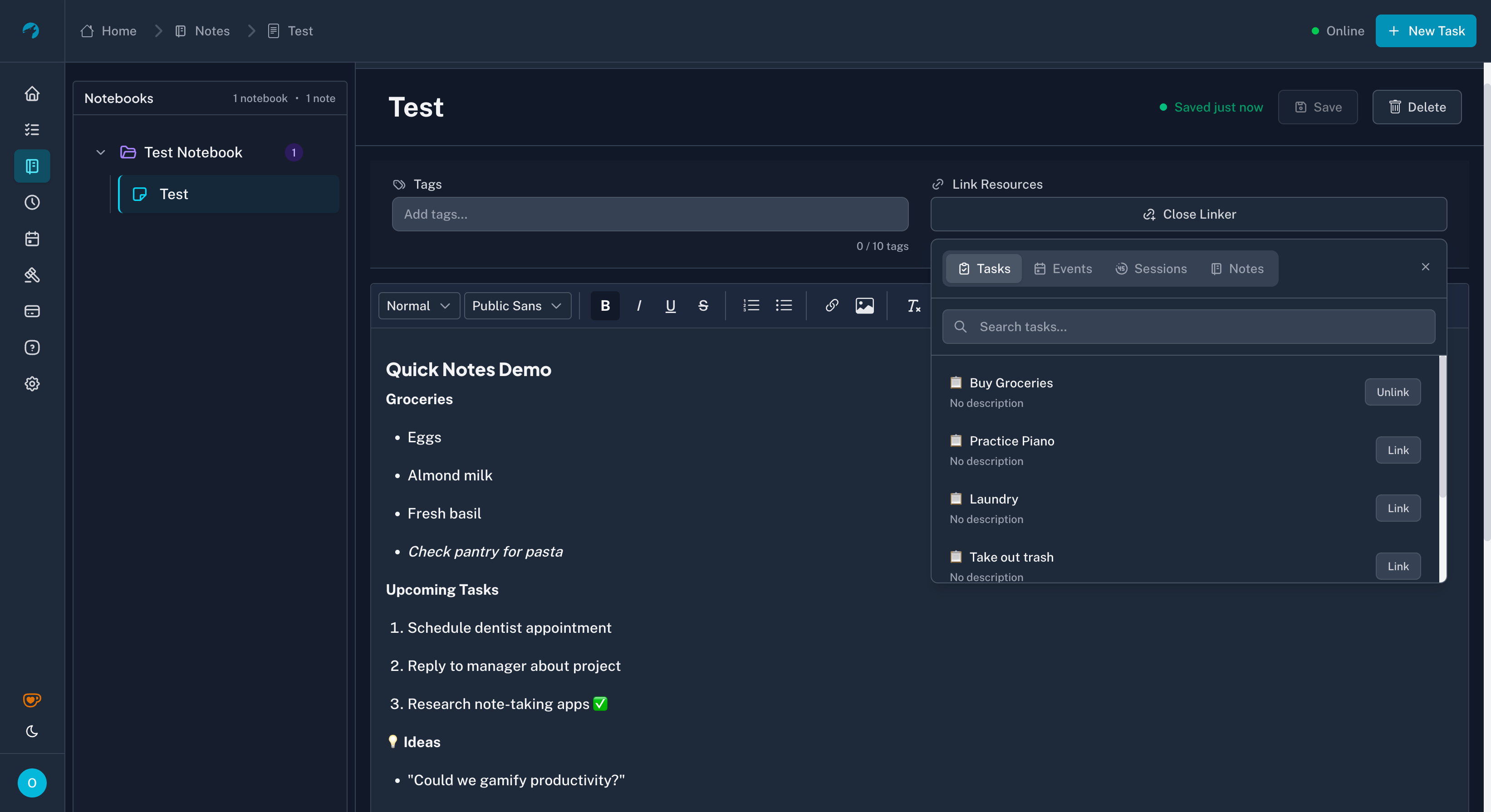 Preview of Non-Linear Note Taking feature interface